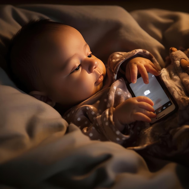 Niño pequeño tendido en la cama con un teléfono inteligente