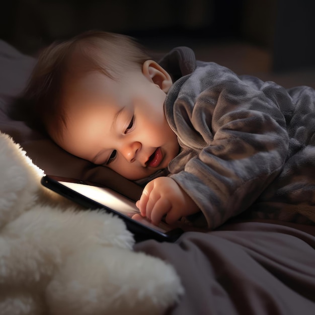 Niño pequeño tendido en la cama con un teléfono inteligente