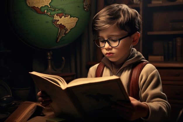 El niño pequeño tiene anteojos y está leyendo un libro al estilo de la academia vintage