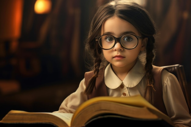 El niño pequeño tiene anteojos y está leyendo un libro al estilo de la academia vintage