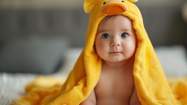 Un niño pequeño con una toalla de pato amarilla en una superficie limpia con espacio para el texto IA generativa