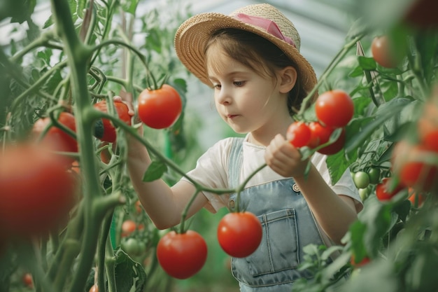 Un niño pequeño toca suavemente los tomates maduros en un invernadero iluminado por el sol. La curiosidad brilla en sus ojos.