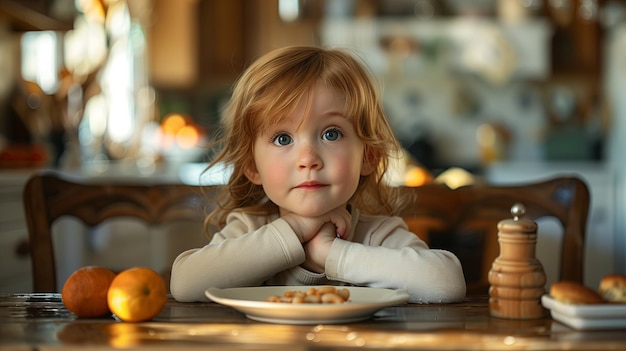 Un niño pequeño tomando el desayuno en una cocina por la mañana