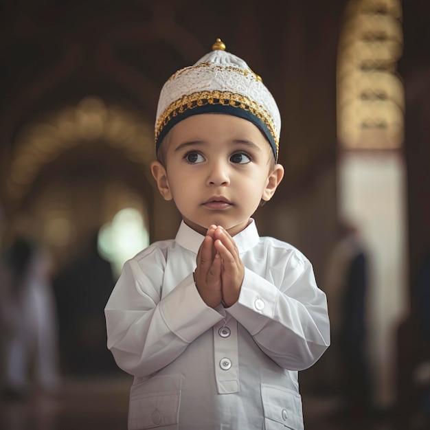 Un niño pequeño con un traje blanco y un sombrero está rezando.