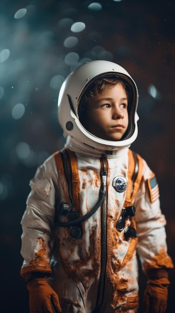 Niño pequeño con traje espacial Concepto de cosmonauta generado por Ai