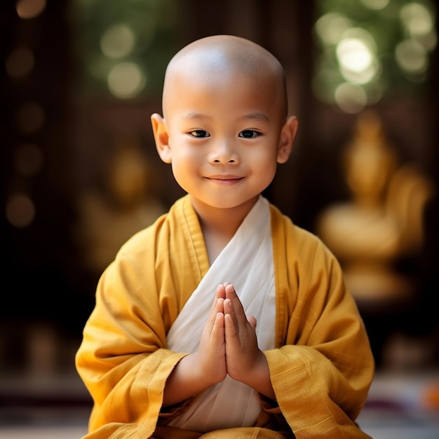 un niño pequeño con una túnica amarilla está sentado frente a un buda.