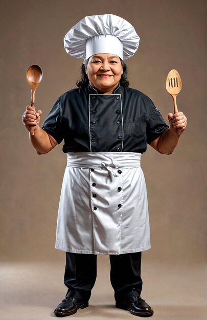 Foto un niño pequeño en un uniforme de chef sosteniendo una cuchara de madera y una cucharada de madera