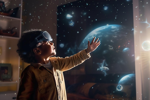 Un niño pequeño usa gafas de realidad virtual para explorar los planetas del sistema solar y las galaxias