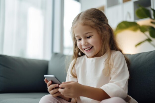 niño pequeño usando un teléfono inteligente en el concepto de casa