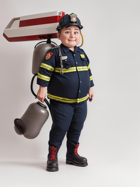 Foto un niño pequeño vestido de bomberos con una manguera de incendios y un casco