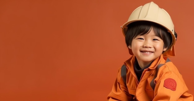 un niño pequeño vestido como bombero parado frente a un fondo naranja