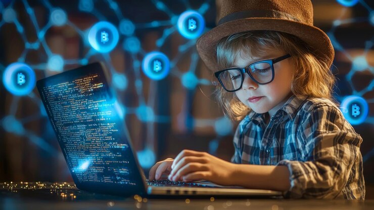 Foto un niño pequeño vestido como un desarrollador de blockchain escribiendo código en una computadora portátil con bloques digitales y cadenas en el fondo