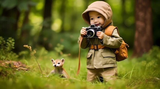 niño pequeño vestido como un mini fotógrafo de vida silvestre