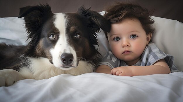 Foto niño pequeño yace en una cama con un perro perro y bebé lindo amistad de la infancia