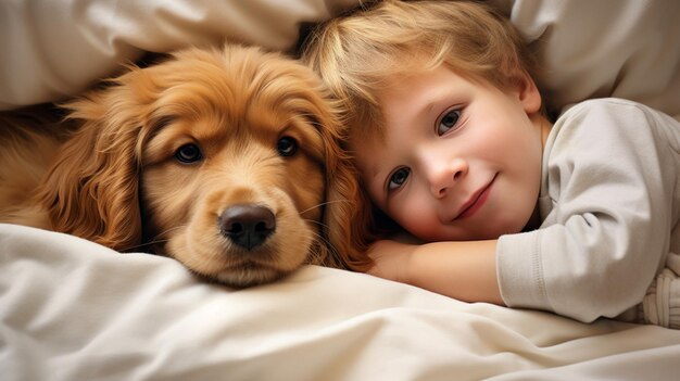 Foto niño pequeño yace en una cama con un perro perro y bebé lindo amistad de la infancia