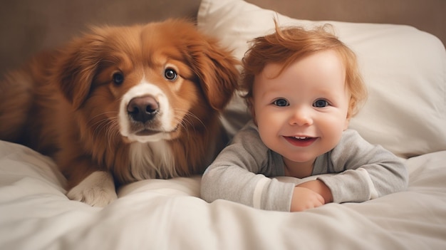 Foto niño pequeño yace en una cama con un perro perro y bebé lindo amistad de la infancia