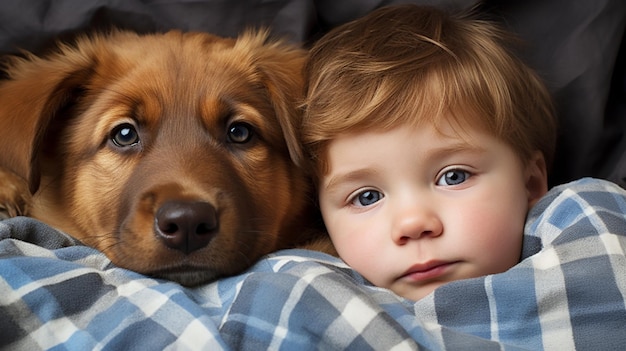 Foto niño pequeño yace en una cama con un perro perro y bebé lindo amistad de la infancia