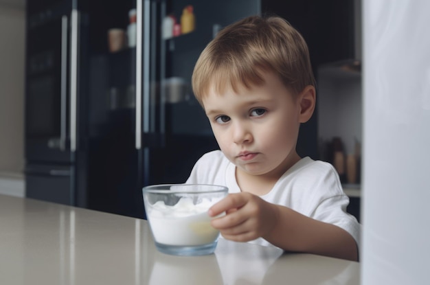 Niño pequeño yogur cocina en casa Comer en casa dieta orgánica Generar Ai