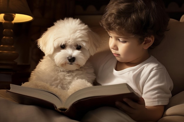 Niño con perro bichon frise leyendo un libro en la cama Feliz amor Generar Ai