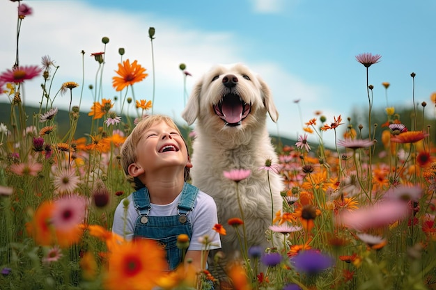 Un niño y un perro en un campo de flores Generativo Ai