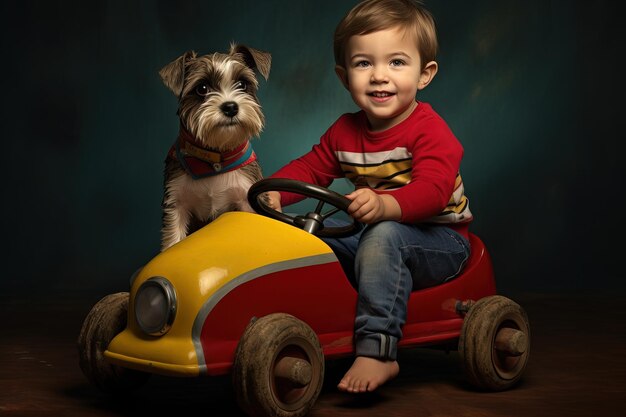 Niño y perro en un coche de carreras de juguete IA generativa