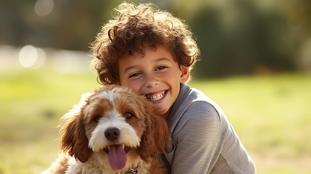 Niño con un perro de compañía y lealtad evidente en su vínculo y travesuras lúdicas