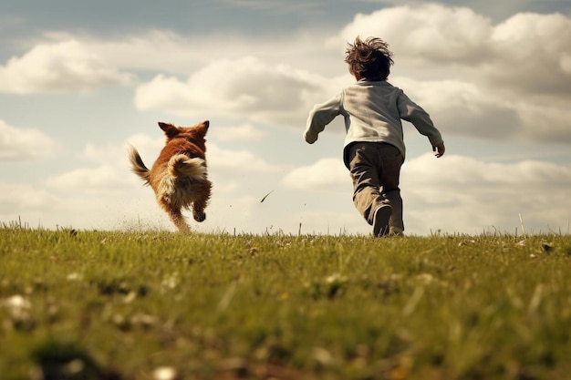 Foto un niño y un perro corriendo en un campo con un fondo de cielo