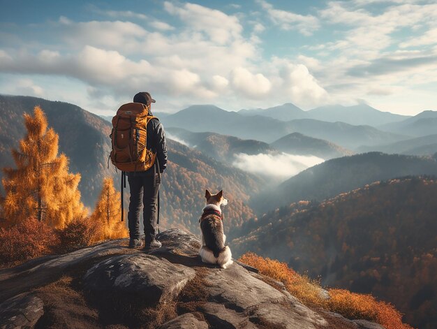 Niño con perro dejó de buscar magnífico paisaje generado ia