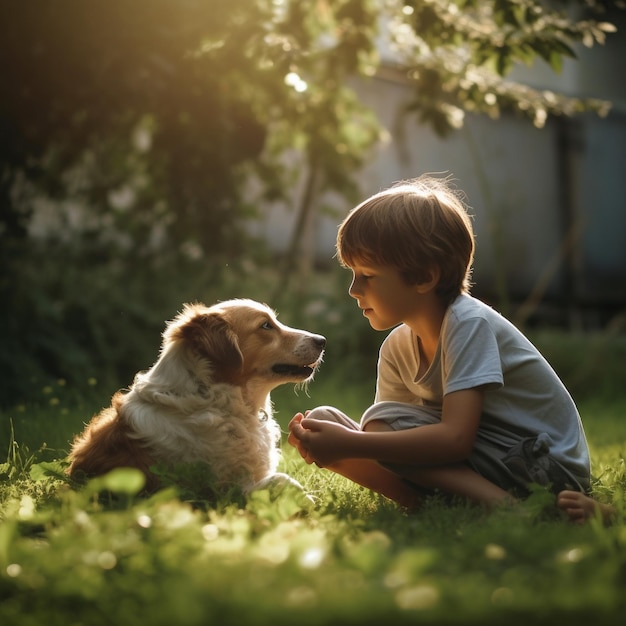 un niño y un perro están en la hierba con el sol detrás de ellos.
