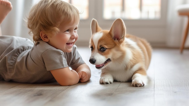 un niño y un perro están en el suelo uno de los cuales está sonriendo