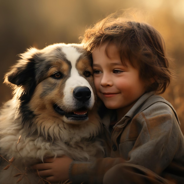 Niño con un perro en el parque de otoño Amistad e infancia Concepto del Día Mundial de los Animales