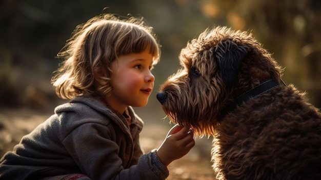 Un niño con un perro de paseo.