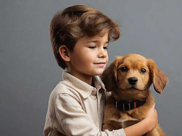 un niño con un perro y un perro en el fondo