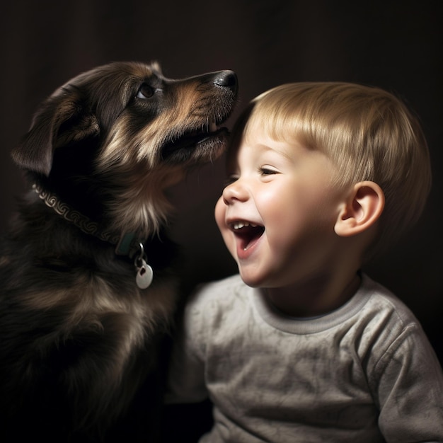 un niño y un perro sonríen y el perro sonríe.