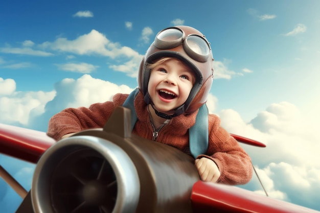 Foto niño persona casco juego niño viaje piloto volar avión cielo juguete para niños