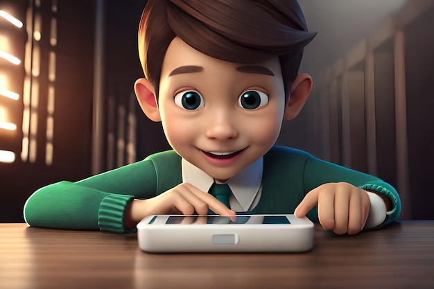 niño de personaje de dibujos animados en 3d usando un teléfono personaje de dibujos animados en 3d jugando en el teléfono