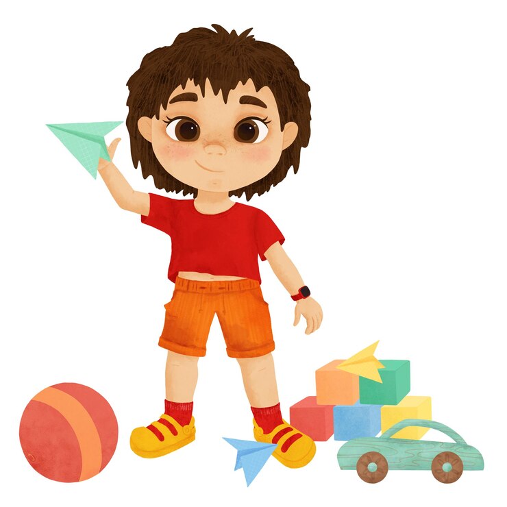 Foto niño un personaje de dibujos animados con un avión de papel en sus manos al lado de un coche de juguete cubos una pelota