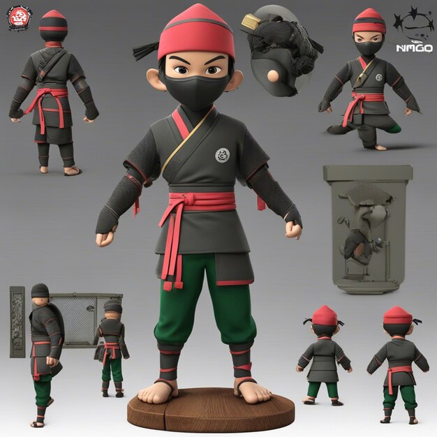 Foto un niño de personaje de juego de dibujos animados ninja 3d con fondo blanco claro