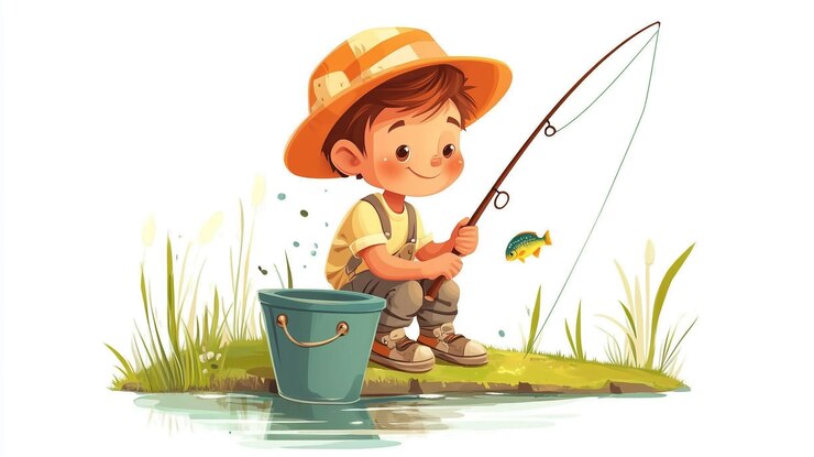 Un niño pescando felizmente junto a un estanque en un día soleado en un entorno natural pacífico