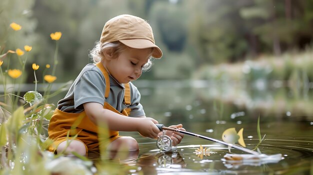 Foto un niño pescando en un lago, lleva un sombrero y un mono, el niño está sentado en la orilla del lago con los pies en el agua.