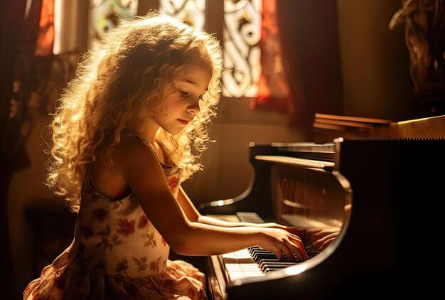 niño con piano en el sol en el estilo de la maestría de la luz