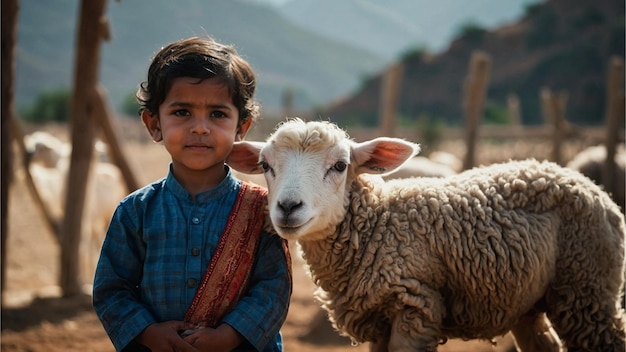 Foto un niño está de pie al lado de una oveja y mira a la cámara