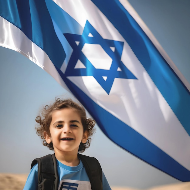 Foto niño de pie con la bandera de israel agitando contra el cielo azul