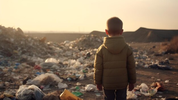 Foto un niño está de pie en un campo lleno de basura mirando hacia el cielo