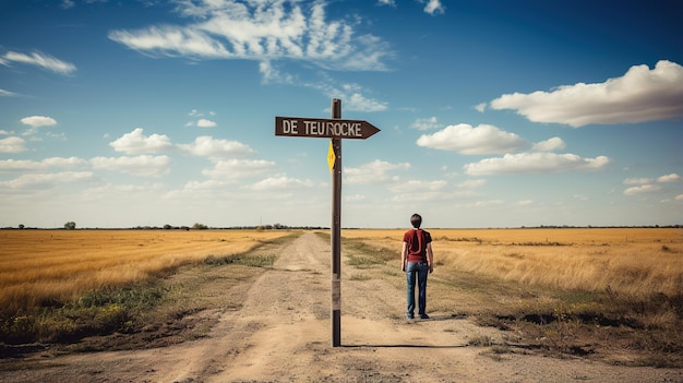 Niño de pie en un campo de trigo frente a un cartel de madera que apunta en dos direcciones