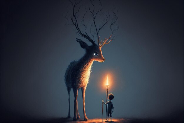 Niño de pie cerca del animal ciervo mágico Niño sosteniendo una antorcha se encuentra cerca de su pintura de ilustración de estilo de arte digital de ciervo mágico