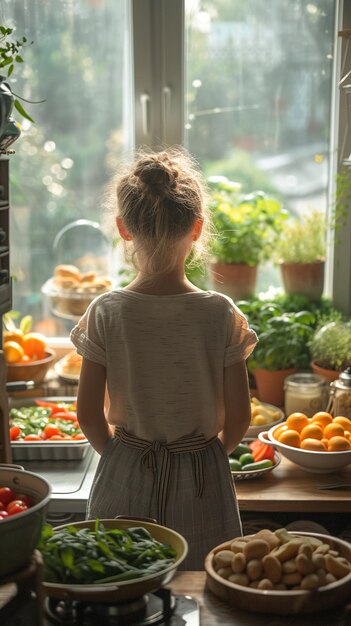 Niño de pie en una cocina iluminada por el sol con verduras frescas Contenido del estilo de vida familiar Nutrición y cocina