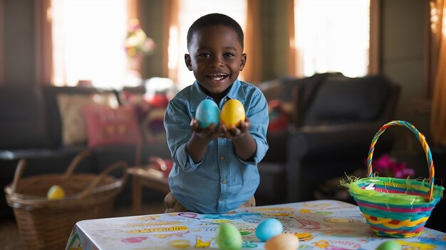 Niño de pie y dibujando garabates de Pascua