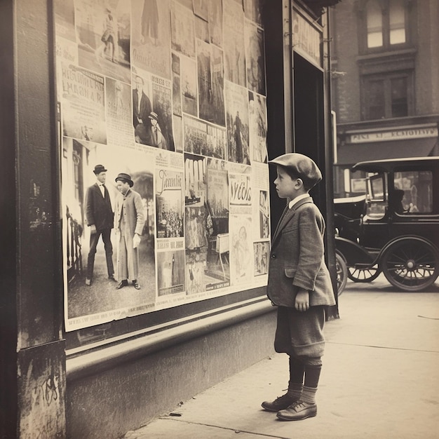 Foto un niño está de pie frente a un cartel que dice 