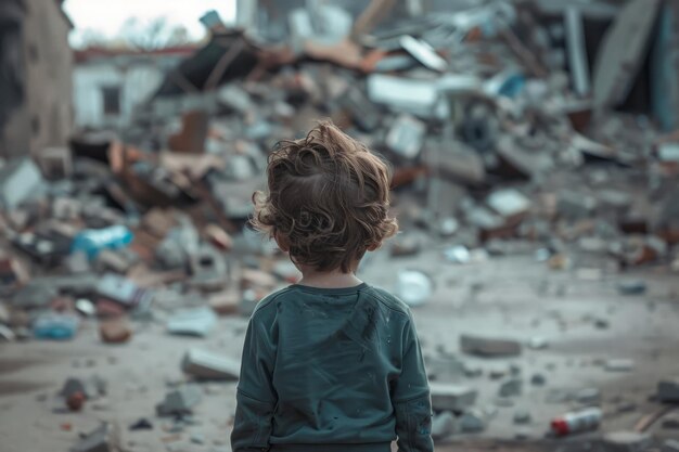 Niño de pie frente a los escombros